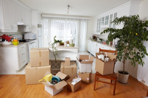 Removal van and moving boxes in a Creekmouth street