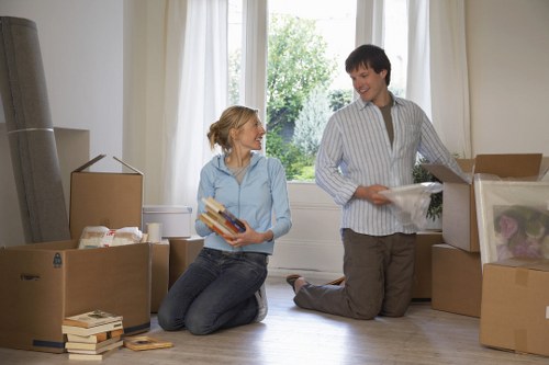 Packed boxes and moving support for a Creekmouth household relocation