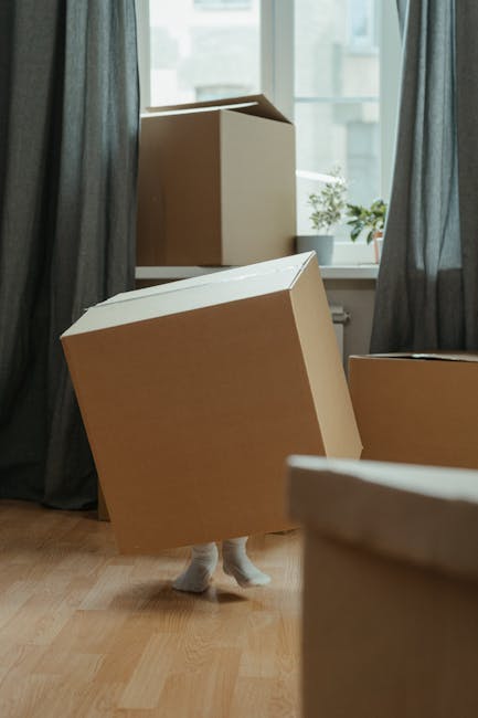 Inside a residential home with natural daylight coming through large windows draped with dark curtains. Several large cardboard boxes, some partially opened or closed, are placed on a wooden floor. One box is being lifted or carried, with a person's feet partially visible beneath it, indicating manual handling during a home relocation process. A small potted plant and a window ledge are visible in the background, along with a glimpse of the building outside. The scene depicts typical packing and loading activities associated with home removals, as part of a professional moving service like Man with Van Creekmouth, preparing for furniture transport or house moving procedures.